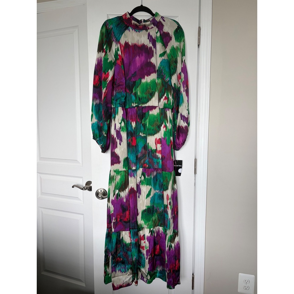 Maison Tara Women 20W Chiffon Maxi Dress Abstract Ikat Multi Color Mock Neck NEW